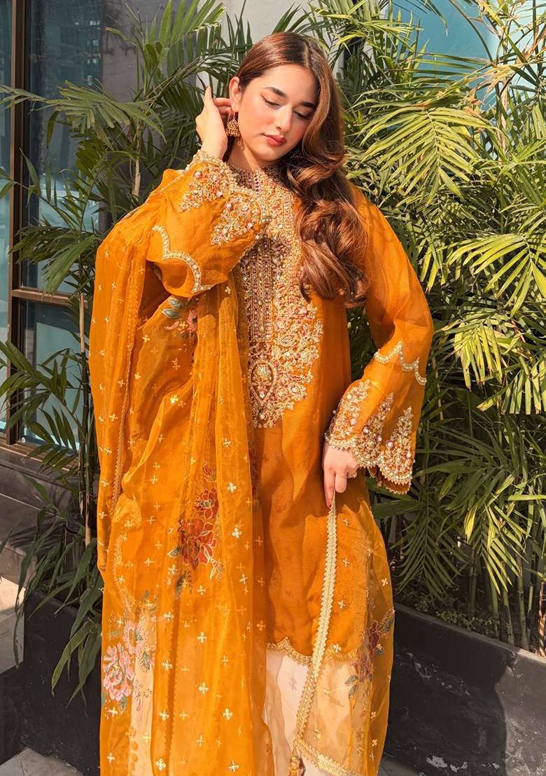 Yellow Embroidery Organza Palazzo Set - Indya