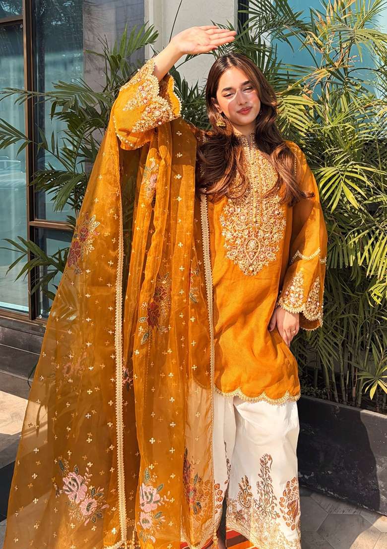 Yellow Embroidery Organza Palazzo Set - Indya