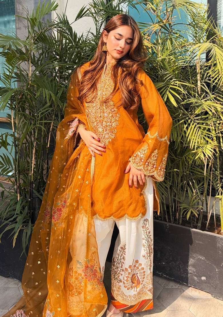 Yellow Embroidery Organza Palazzo Set - Indya