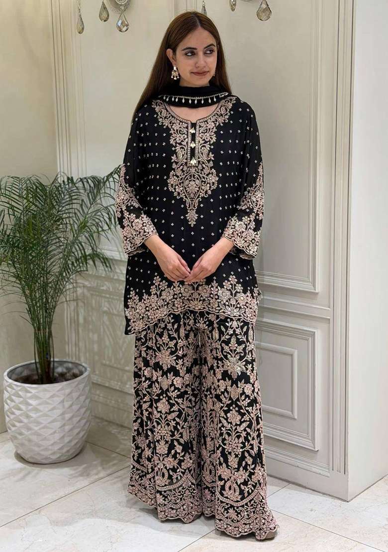 Black Embroidery Georgette Palazzo Set - Indya