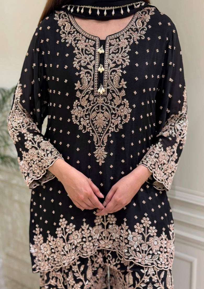 Black Embroidery Georgette Palazzo Set - Indya