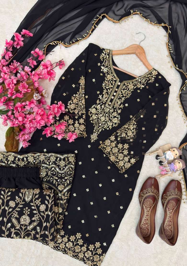 Black Embroidery Georgette Palazzo Set - Indya