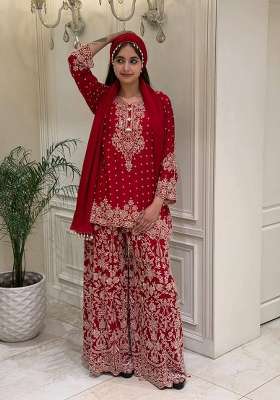 Red Embroidery Georgette Palazzo Set