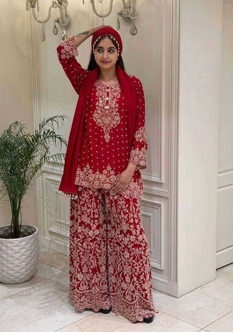 Red Embroidery Georgette Palazzo Set - Indya