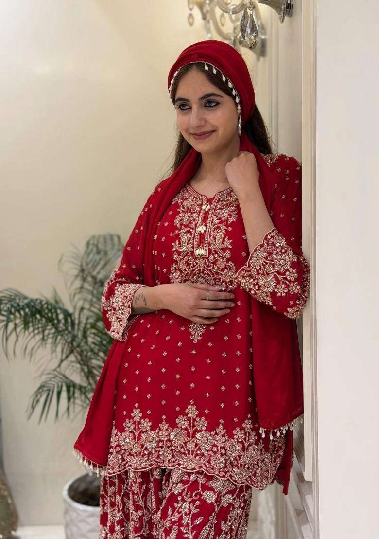 Red Embroidery Georgette Palazzo Set - Indya