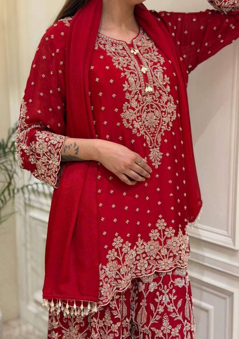 Red Embroidery Georgette Palazzo Set - Indya