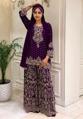 Wine Embroidery Georgette Palazzo Set