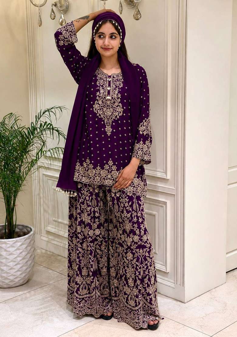 Wine Embroidery Georgette Palazzo Set - Indya