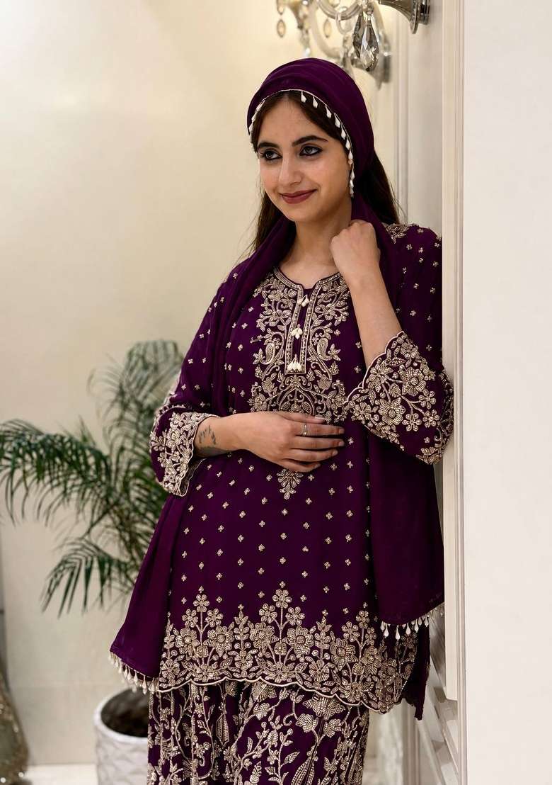 Wine Embroidery Georgette Palazzo Set - Indya