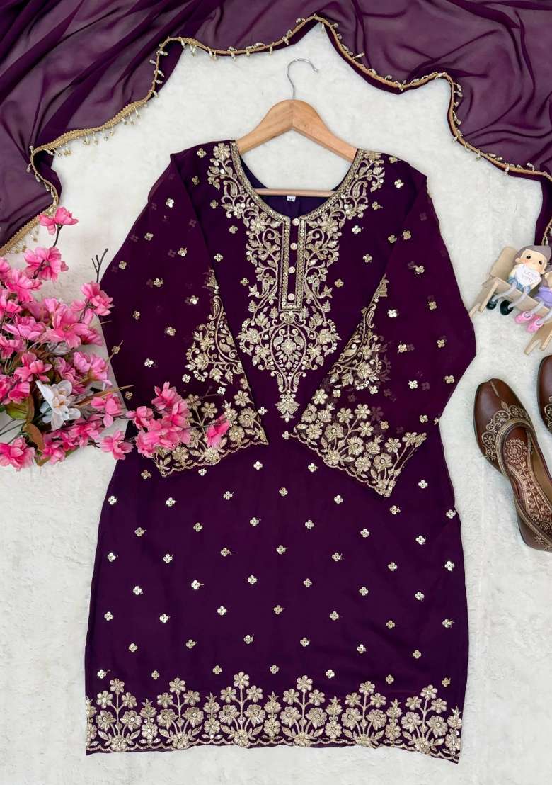 Wine Embroidery Georgette Palazzo Set - Indya