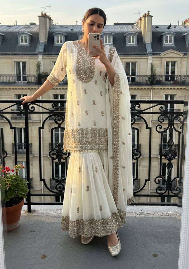 White Embroidery Georgette Palazzo Set - Indya