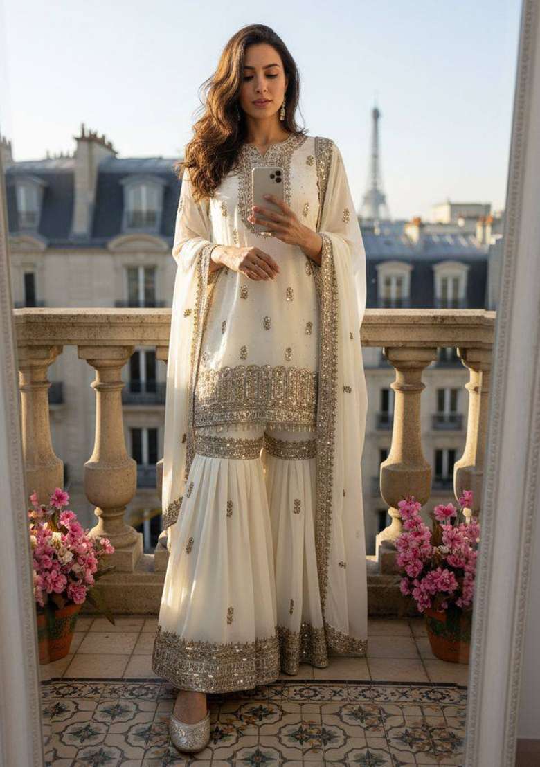White Embroidery Georgette Palazzo Set - Indya