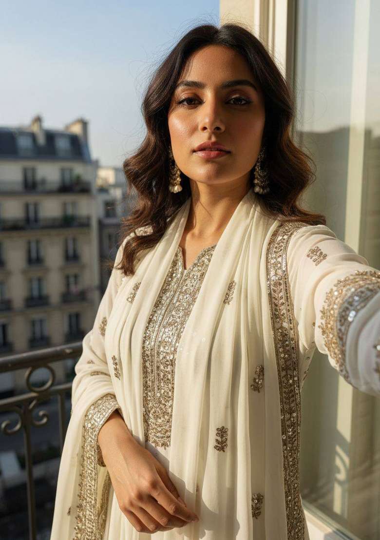 White Embroidery Georgette Palazzo Set - Indya