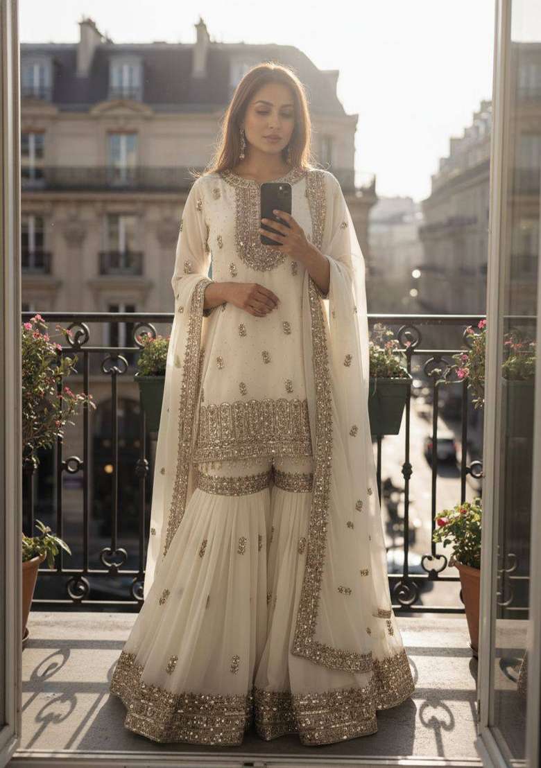 White Embroidery Georgette Palazzo Set - Indya