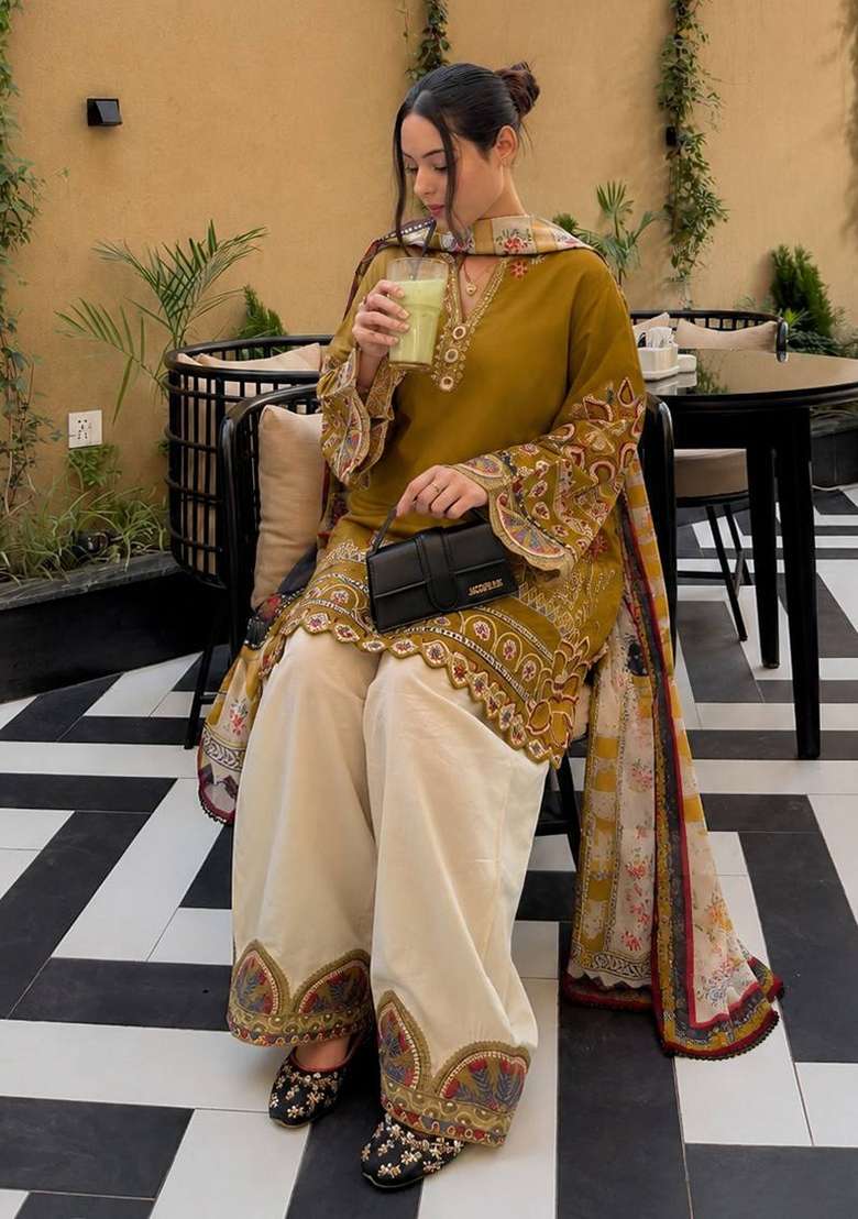Mustard Embroidery Silk Palazzo Set - Indya