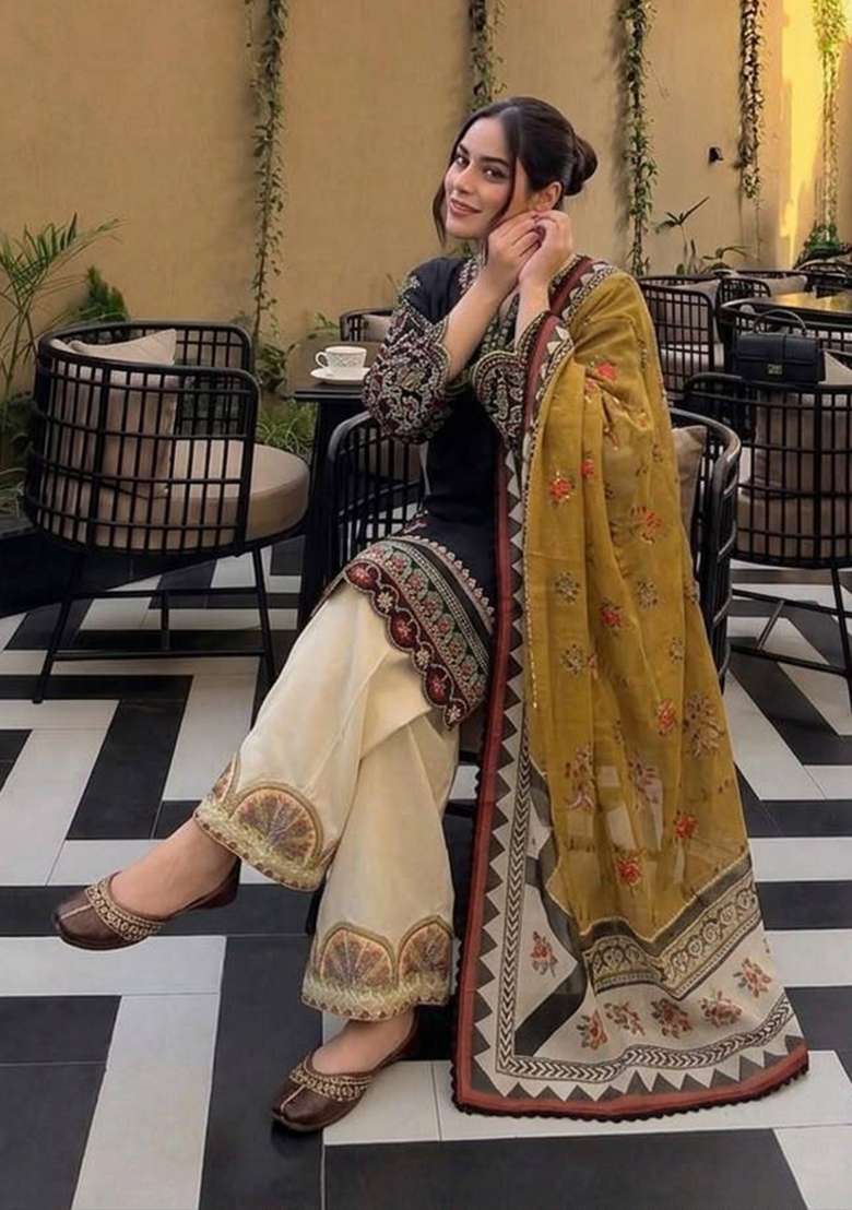 Black Embroidery Silk Palazzo Set - Indya