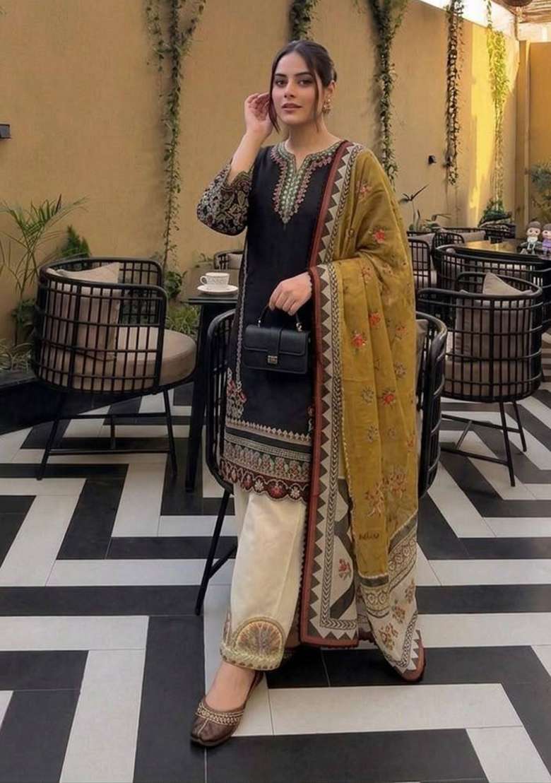 Black Embroidery Silk Palazzo Set - Indya