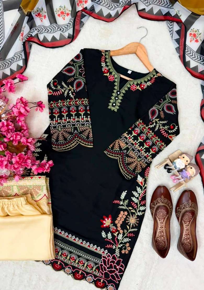 Black Embroidery Silk Palazzo Set - Indya