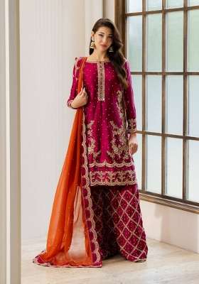 Pink Embroidery Chinon Palazzo Set