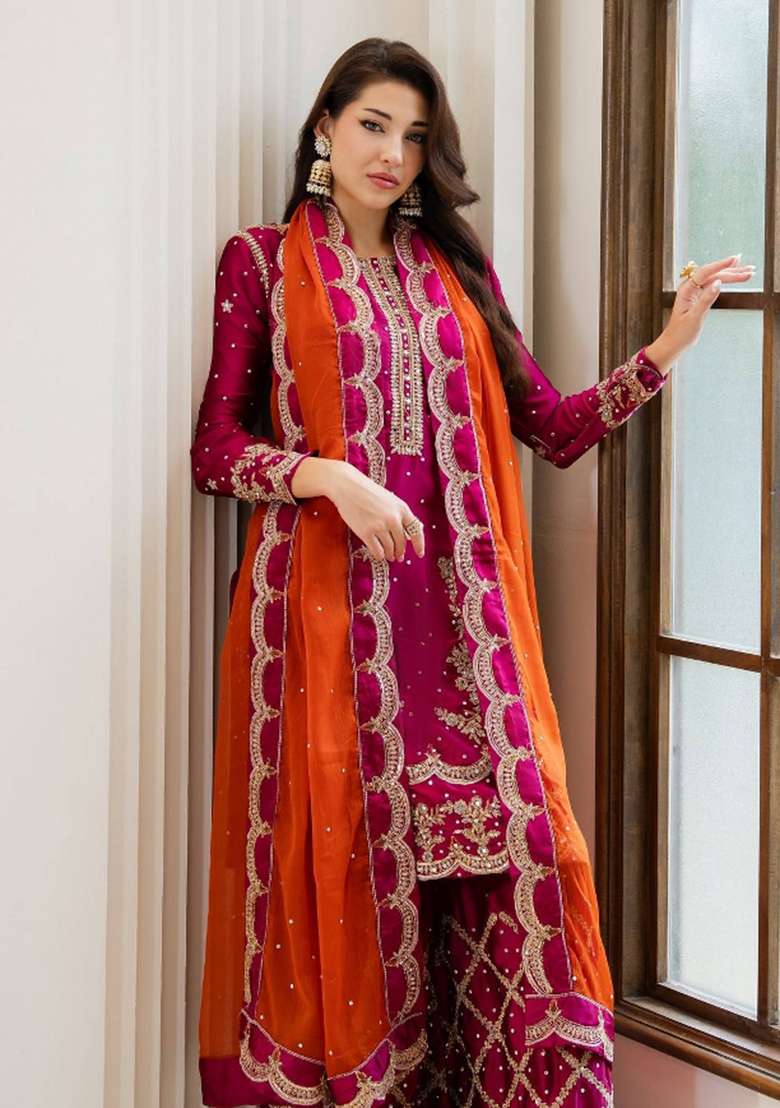 Pink Embroidery Chinon Palazzo Set - Indya