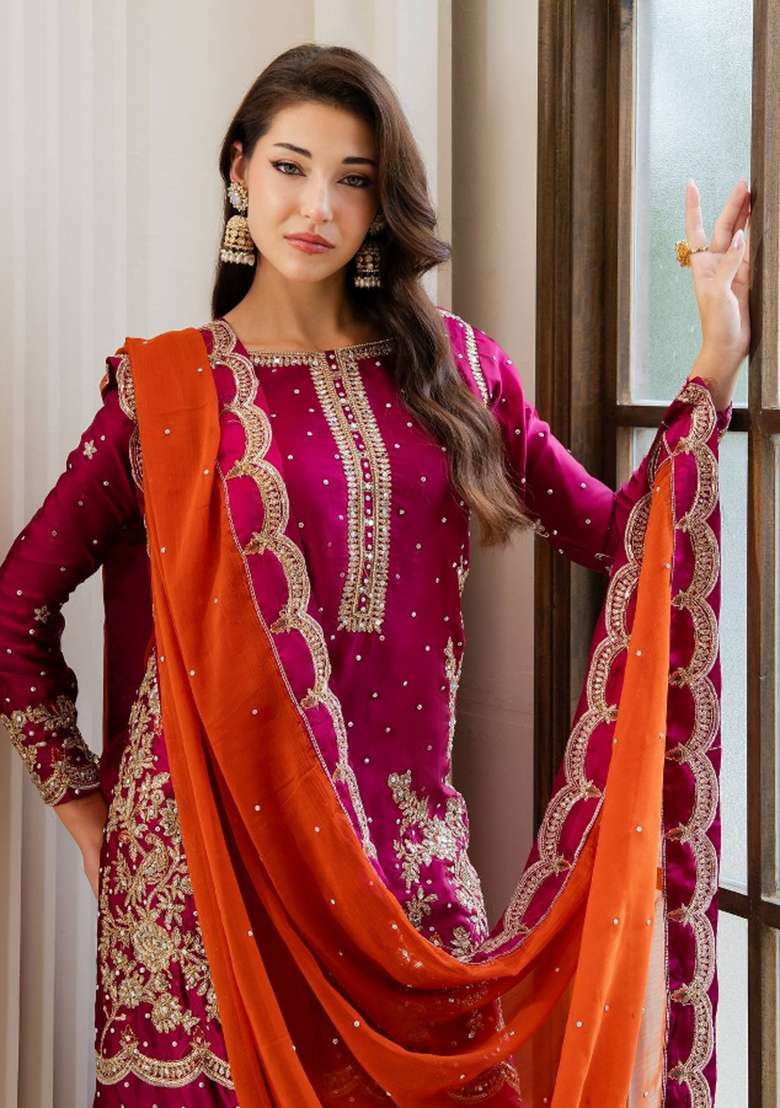 Pink Embroidery Chinon Palazzo Set - Indya