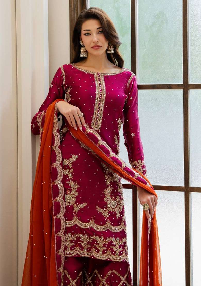 Pink Embroidery Chinon Palazzo Set - Indya