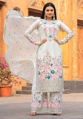 White Embroidery Silk Palazzo Set
