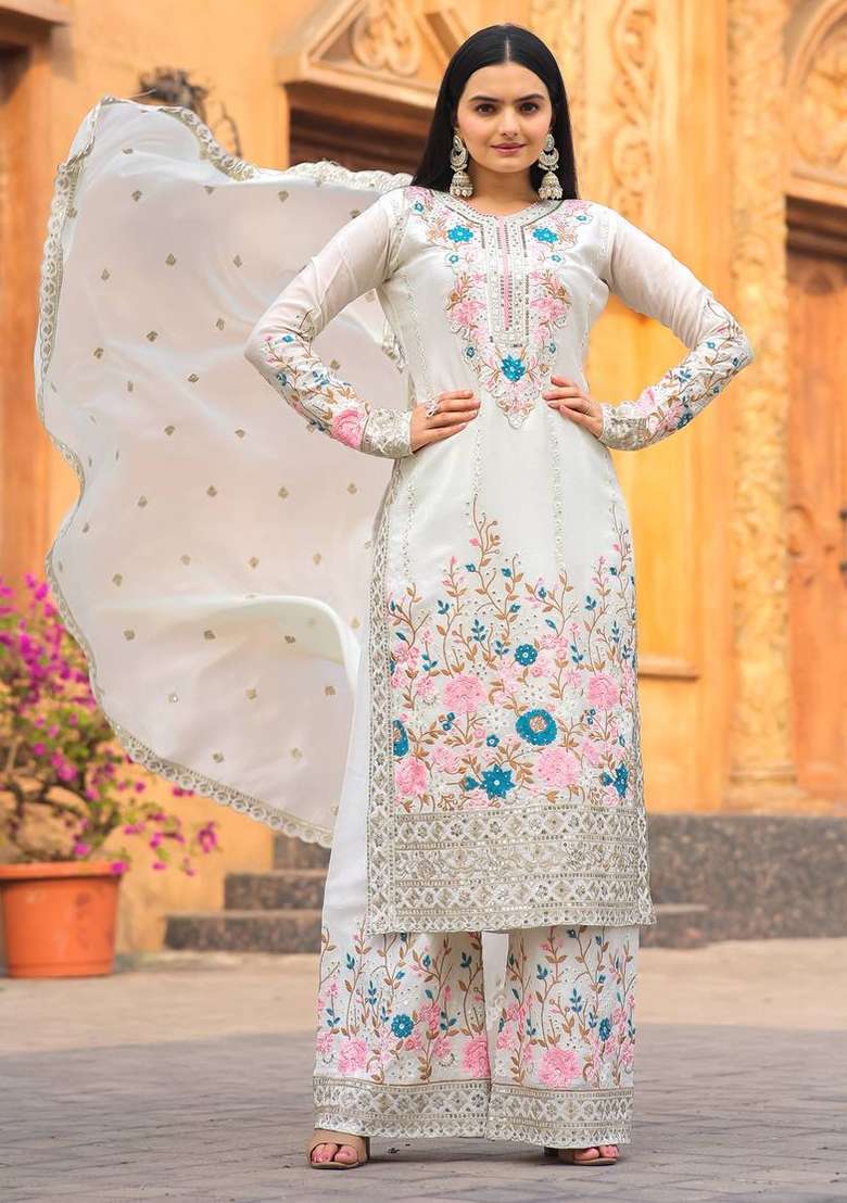 White Embroidery Silk Palazzo Set - Indya