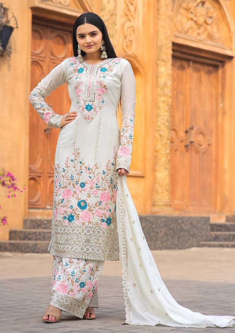 White Embroidery Silk Palazzo Set - Indya