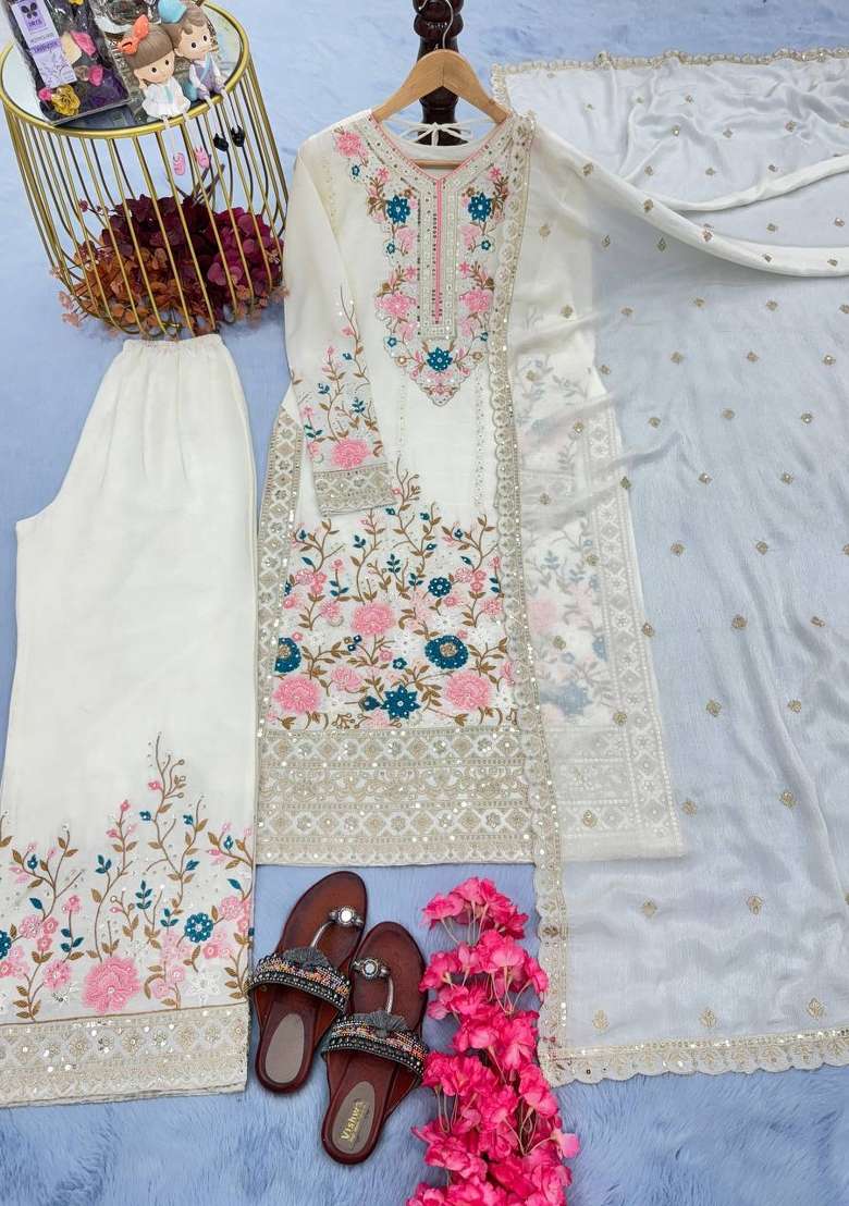White Embroidery Silk Palazzo Set - Indya