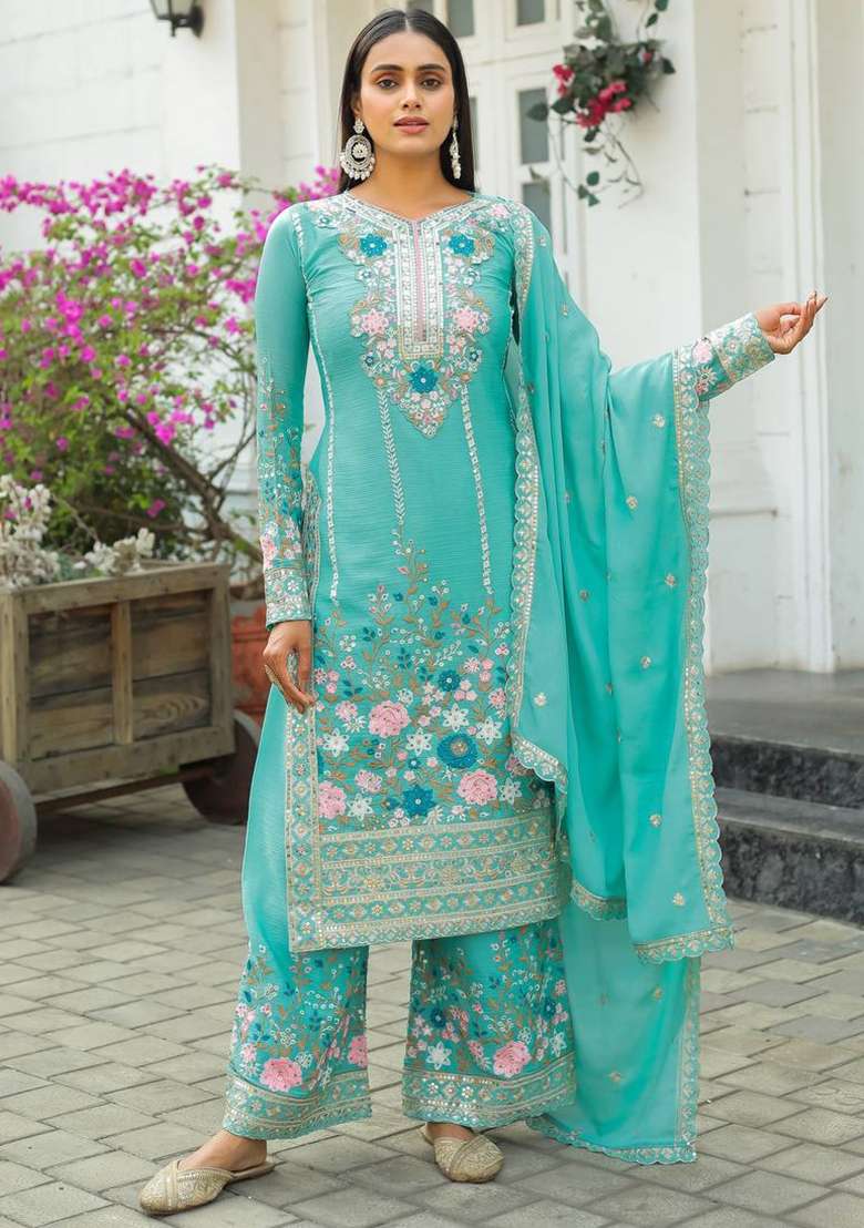 Sky Blue Embroidery Silk Palazzo Set - Indya