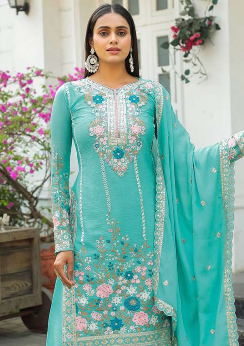 Sky Blue Embroidery Silk Palazzo Set - Indya