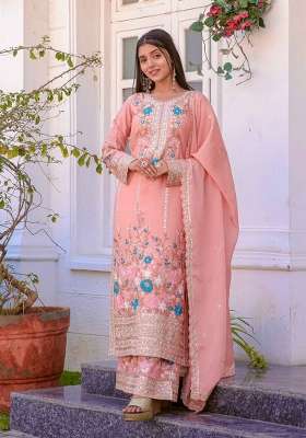 Peach Embroidery Silk Palazzo Set