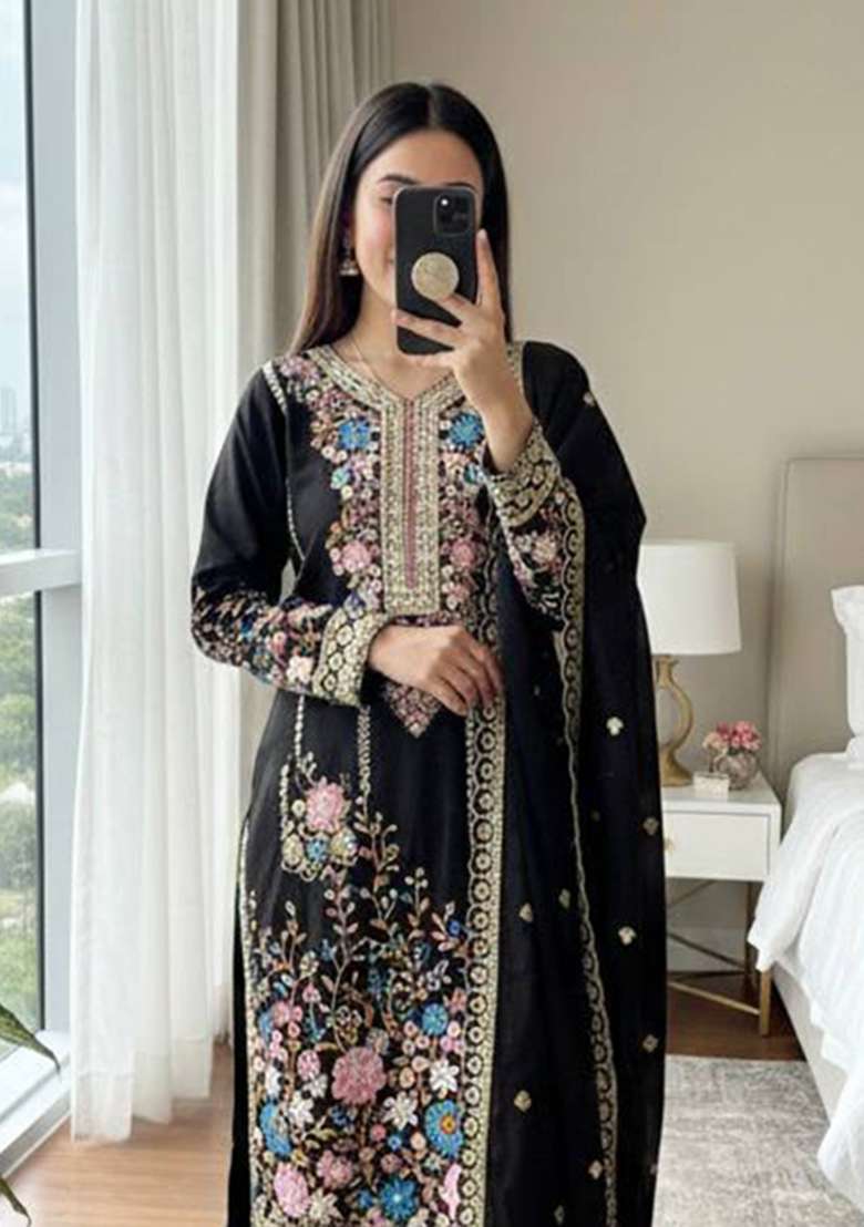Black Embroidery Silk Palazzo Set - Indya