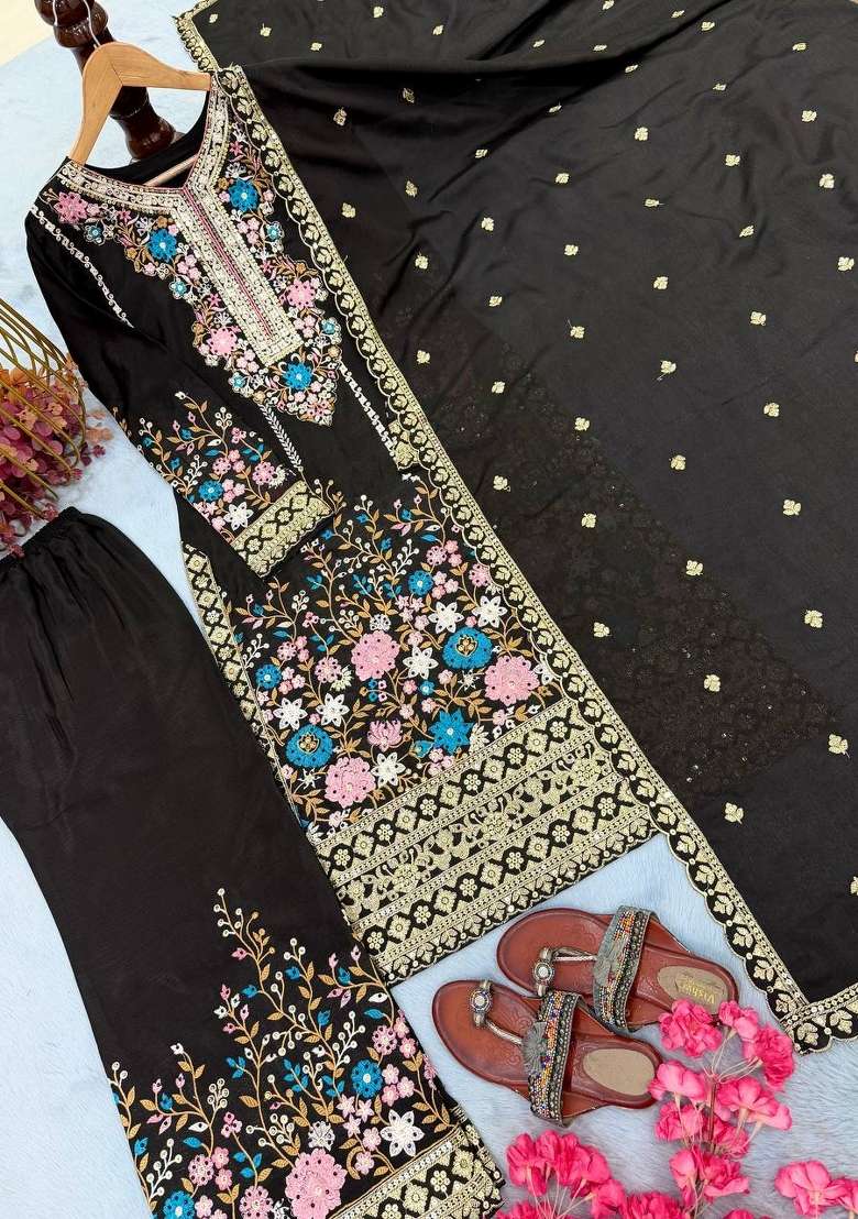 Black Embroidery Silk Palazzo Set - Indya
