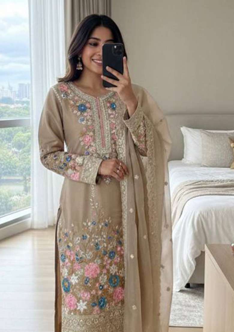 Cream Embroidery Silk Palazzo Set - Indya