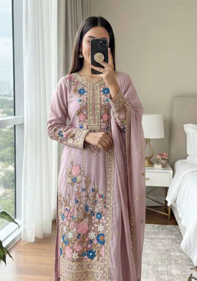 Pink Embroidery Silk Palazzo Set - Indya