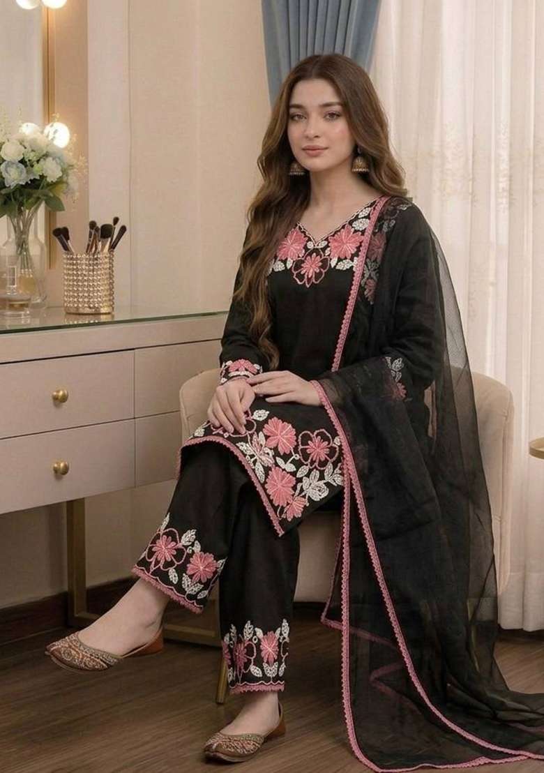 Black Embroidery Satin Palazzo Set - Indya