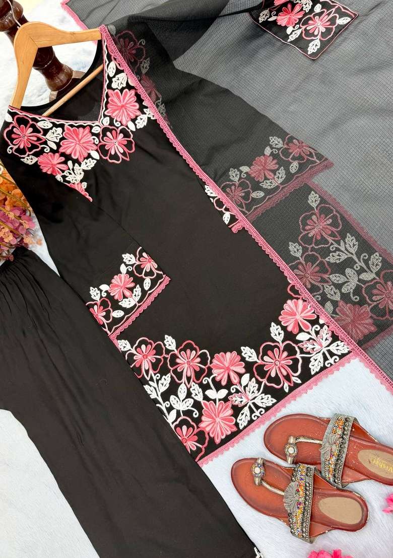 Black Embroidery Satin Palazzo Set - Indya