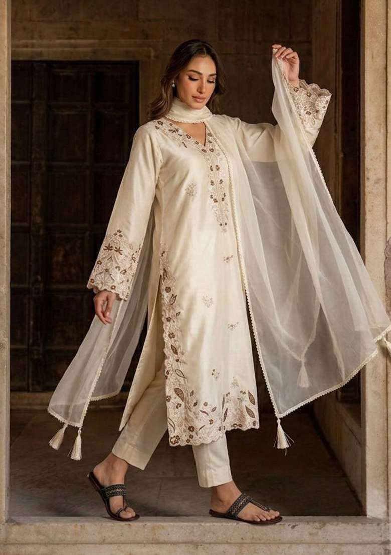 White Embroidery Roman Glass Palazzo Set - Indya