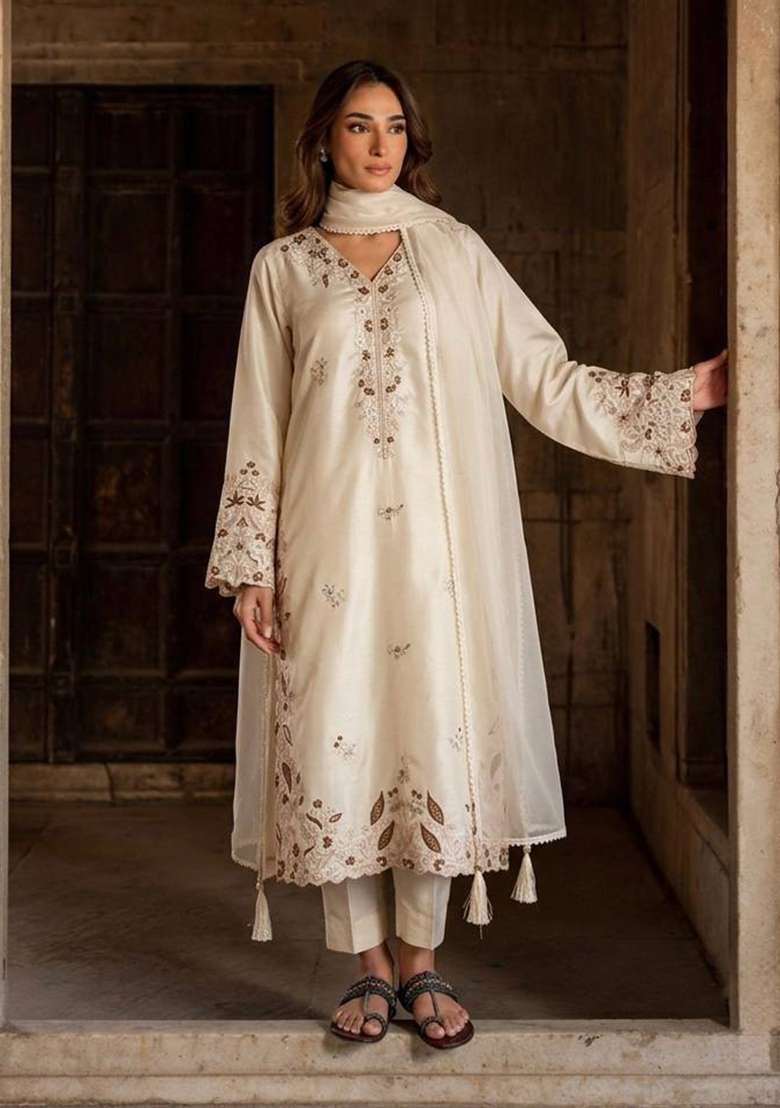 White Embroidery Roman Glass Palazzo Set - Indya