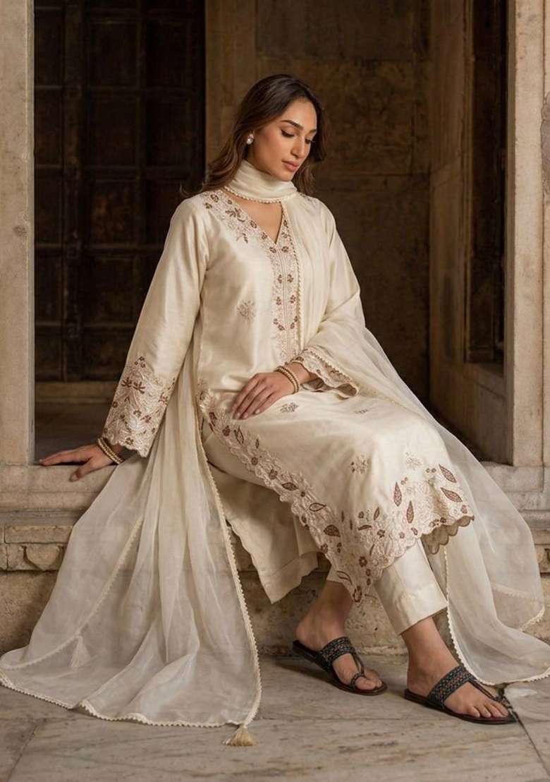 White Embroidery Roman Glass Palazzo Set - Indya