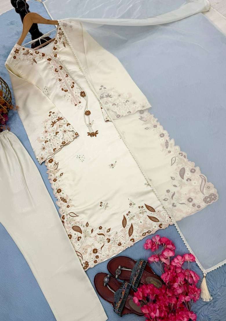 White Embroidery Roman Glass Palazzo Set - Indya