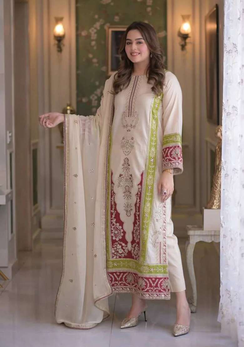 Off White Embroidery Silk Palazzo Set - Indya