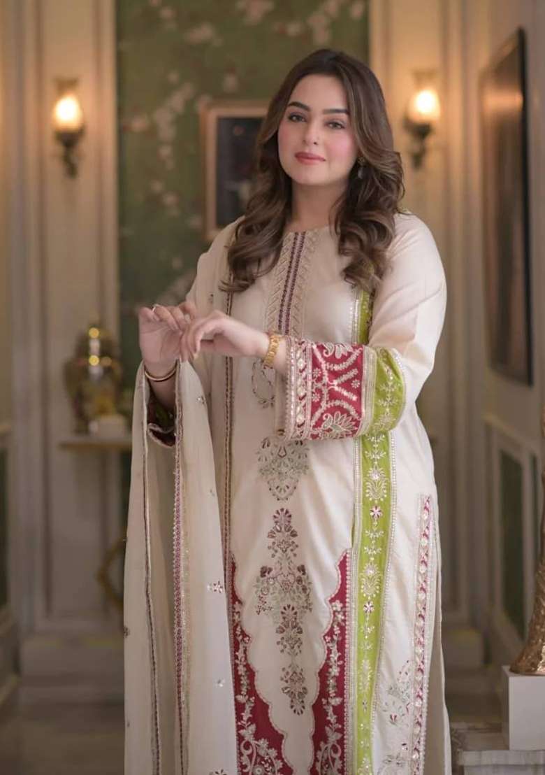 Off White Embroidery Silk Palazzo Set - Indya