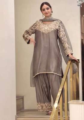 Grey Embroidery Silk Palazzo Set