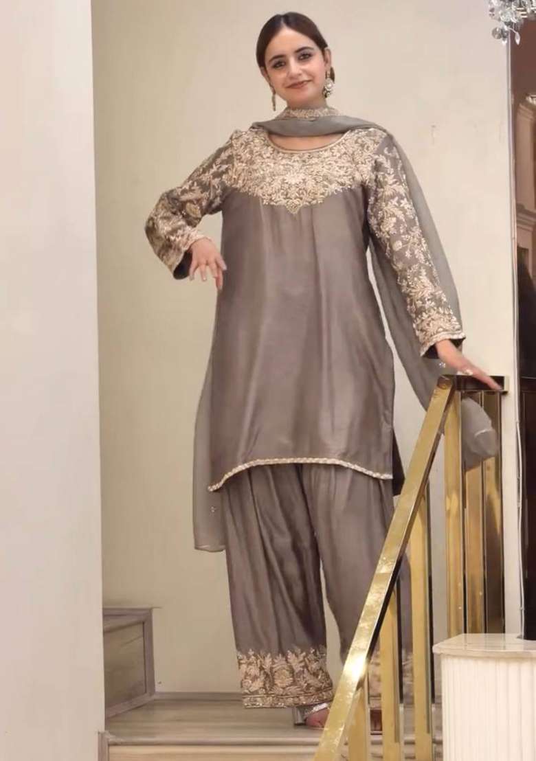 Grey Embroidery Silk Palazzo Set - Indya