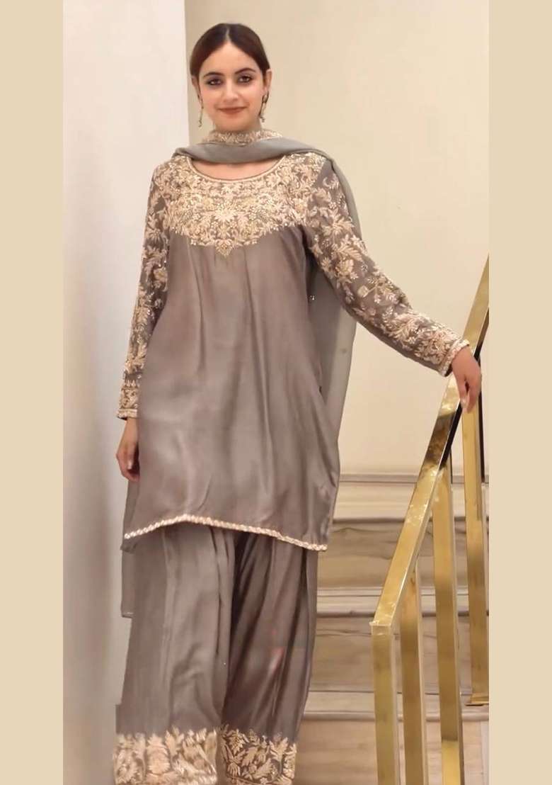 Grey Embroidery Silk Palazzo Set - Indya