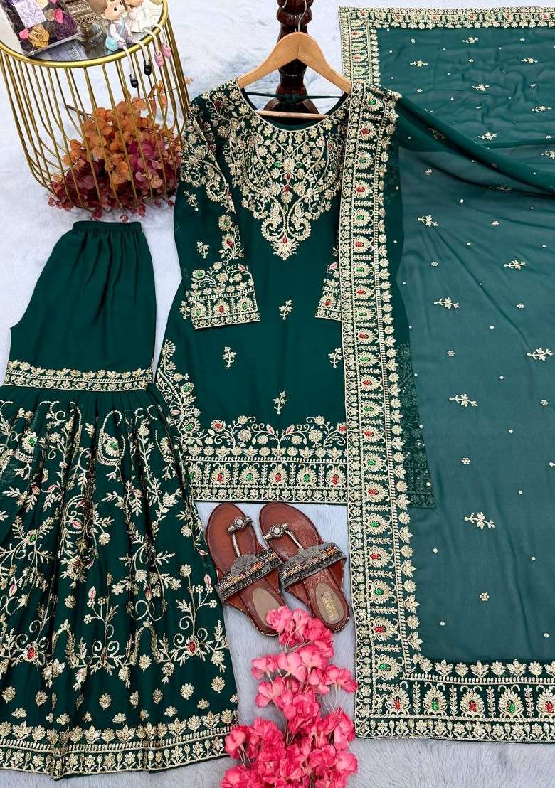 Green Embroidery Georgette Palazzo Set - Indya