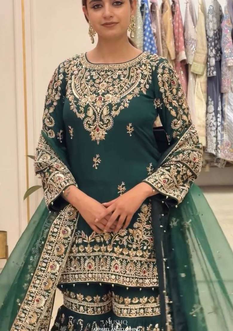 Green Embroidery Georgette Palazzo Set - Indya